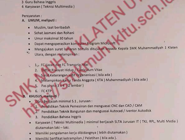 Loker guru SMK Muhammadiyah 1 Klaten Utara Loker guru SMK Muhammadiyah 1 Klaten Utara