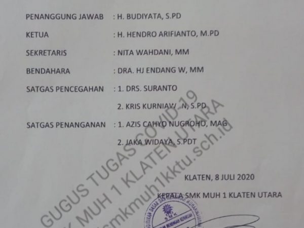 Satgas Corona virus 19 di SMK Muhammadiyah 1 Klaten Utara